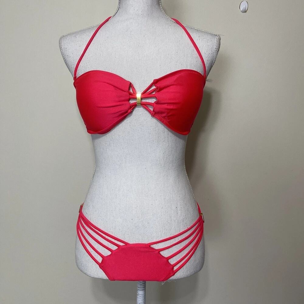 Anemone USA Bikini Strappy Lines Sexy 2-Piece Swimsuit Gold Accent CORAL SMALL